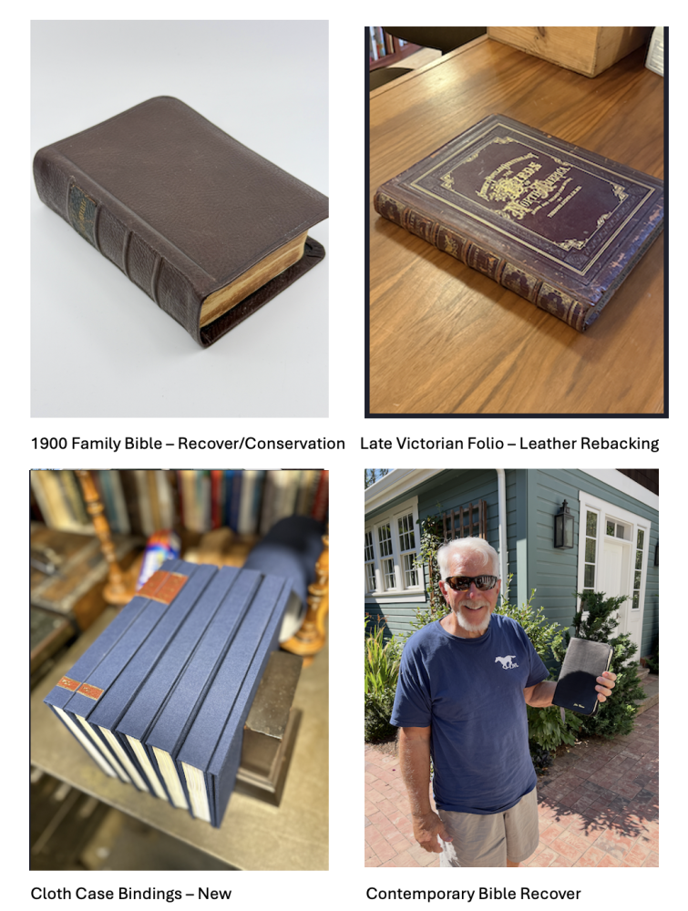 Four books which have been rebound, three in leather and a fourth is new cloth binding.